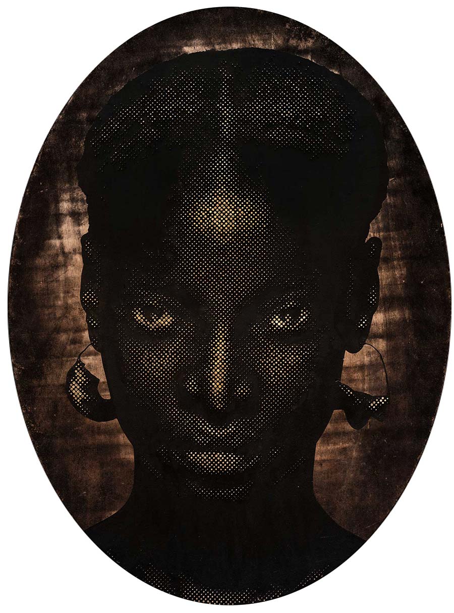 Alexis Peskine, Safara (Fire/Hell), 2020. Gold leaf, nails, coffee and earth on lumber core wood,150 x 110 cm. 