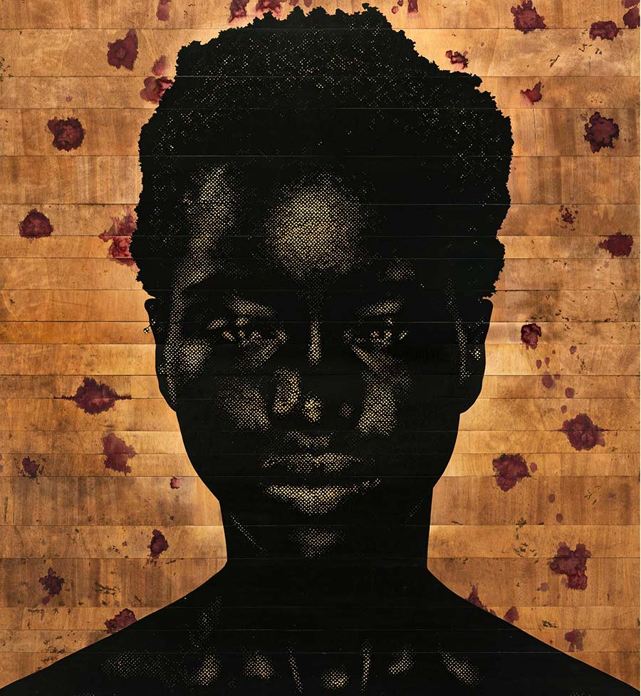 Alexis Peskine, Sequita, 2020. Red gold leaf, nails, Havana Ochre, coffee, earth and hibiscus on lumber core wood, 220 x 198 cm. 