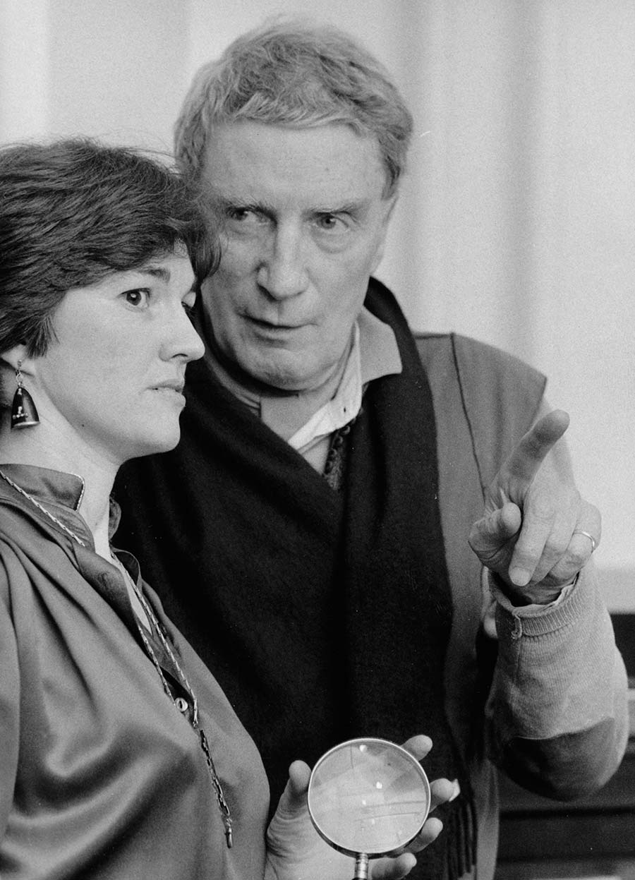 Chili Hawes, Director, October Gallery, with <strong>Brion Gysin</strong> before the opening of <em>Brion Gysin: Paintings</em>, October Gallery, 1981.