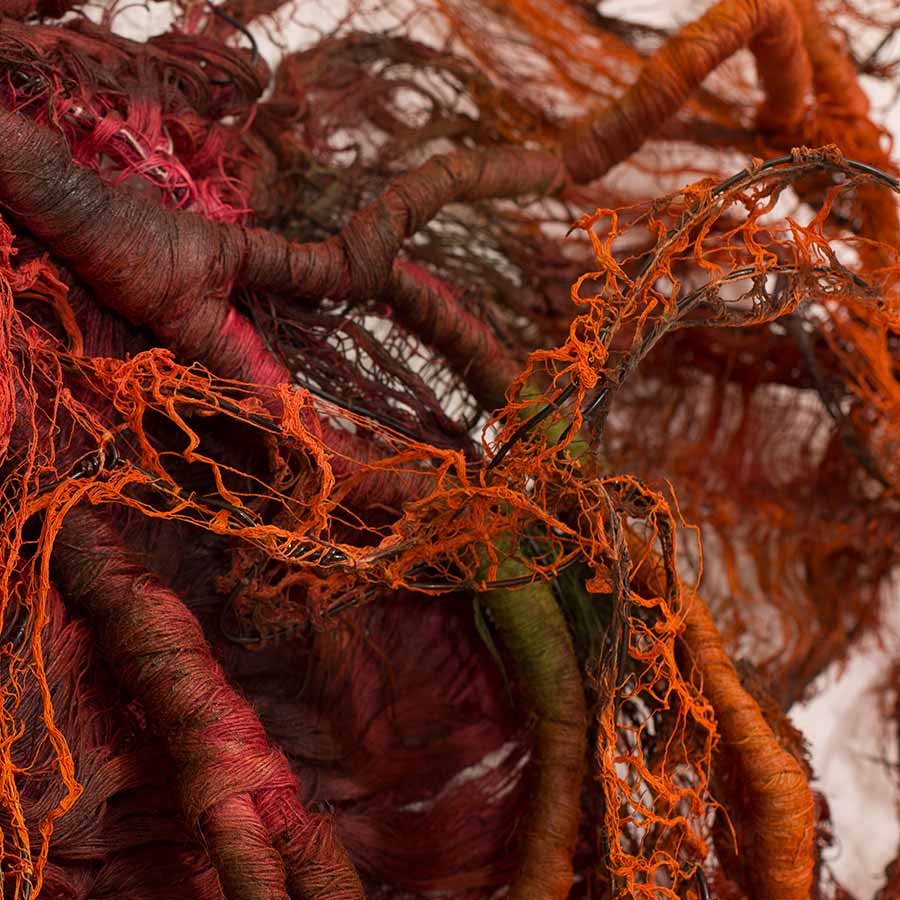 Nnenna Okore, On the Long Run (detail), 2017. Cheesecloth, burlap, jute strings, dye and wire, 127 x 117 x 38 cm.