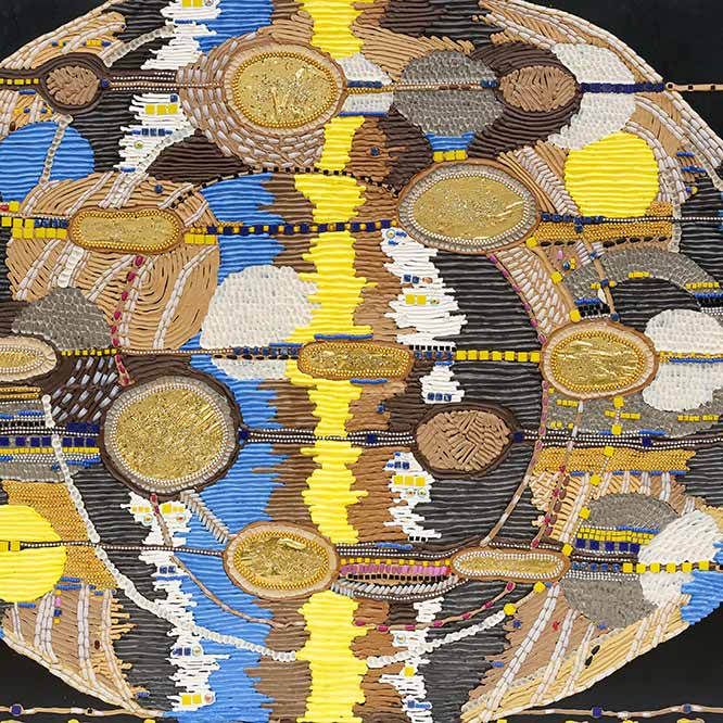 Theresa Weber, Stream Of Consciousness (detail), 2024. Silicone, foam clay, acrylic paste, varnish, beads, acrylic nails, mosaic stones, on wood board, 160 x 200 cm.