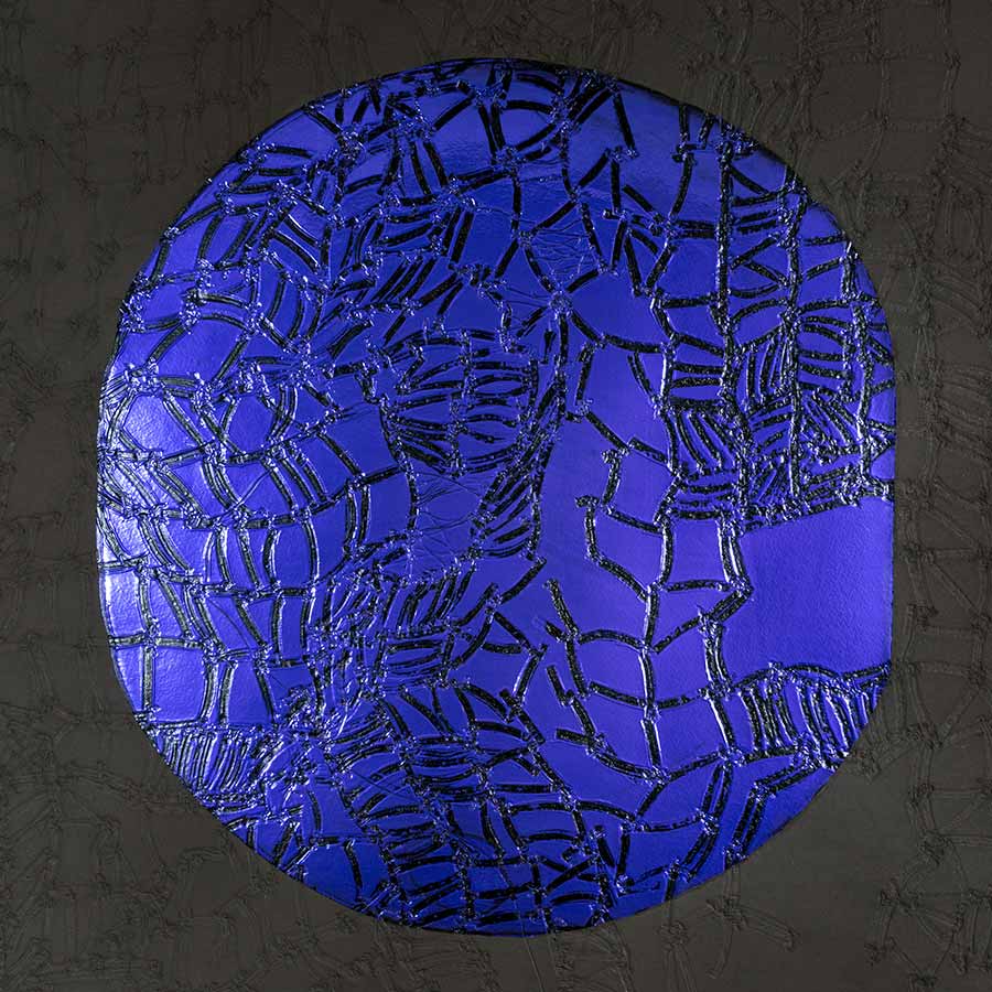El Anatsui, Untitled (from the Circular Series - detail), ed. 1/3, 2016. Ink on Somerset 300gsm paper, with chine collé blue foil, 84.3 x 84.3 cm.