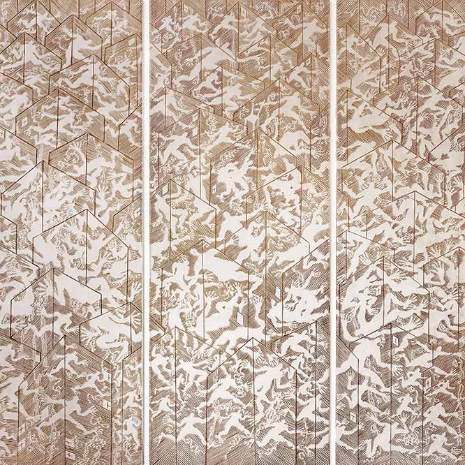 Xu Zhongmin, City of Dreams No.10, c. 1995. Silver leaf on pear wood (4 panels), 198 x 315 cm.